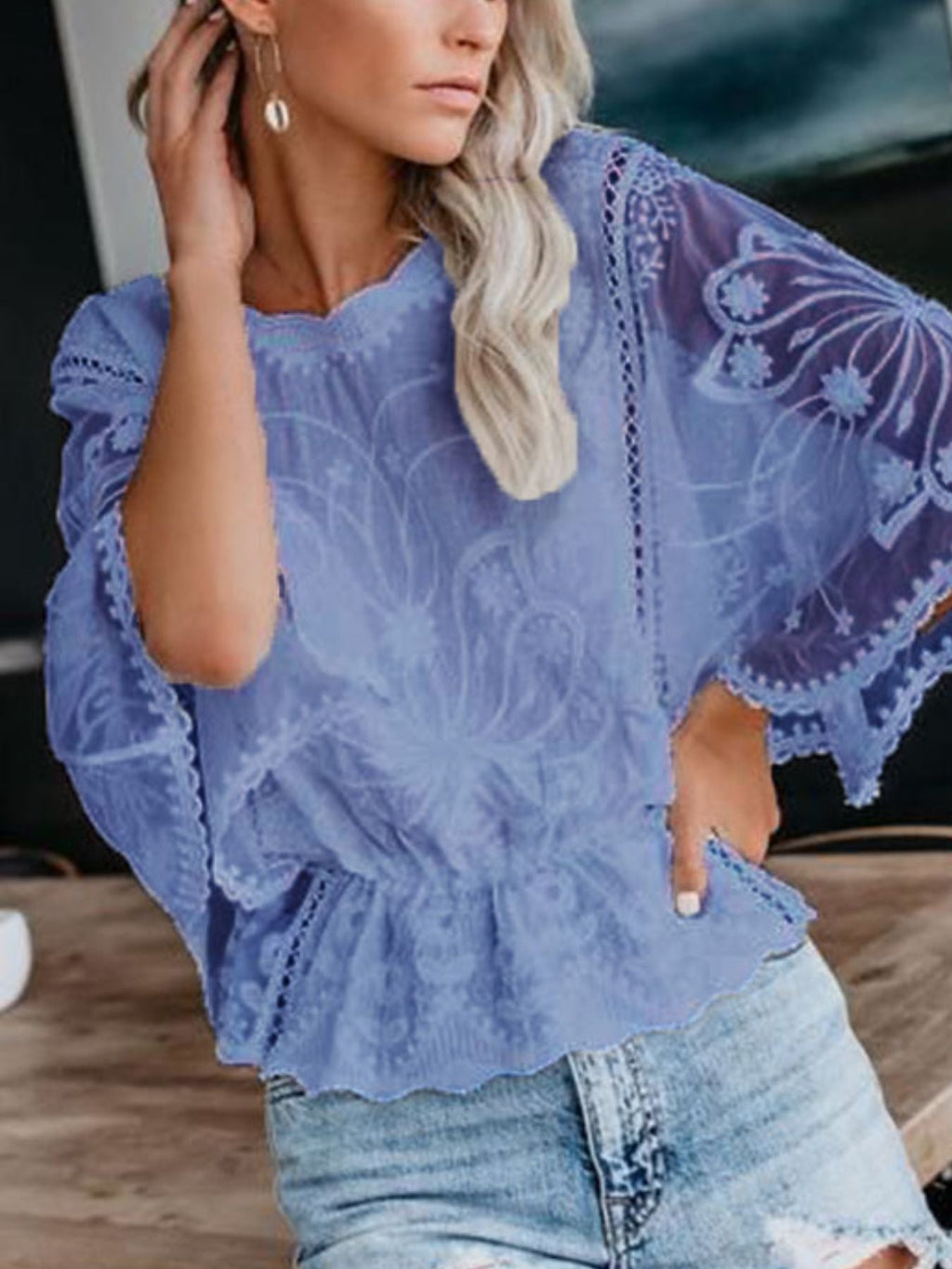Lace Sheer Sleeve Blouse
