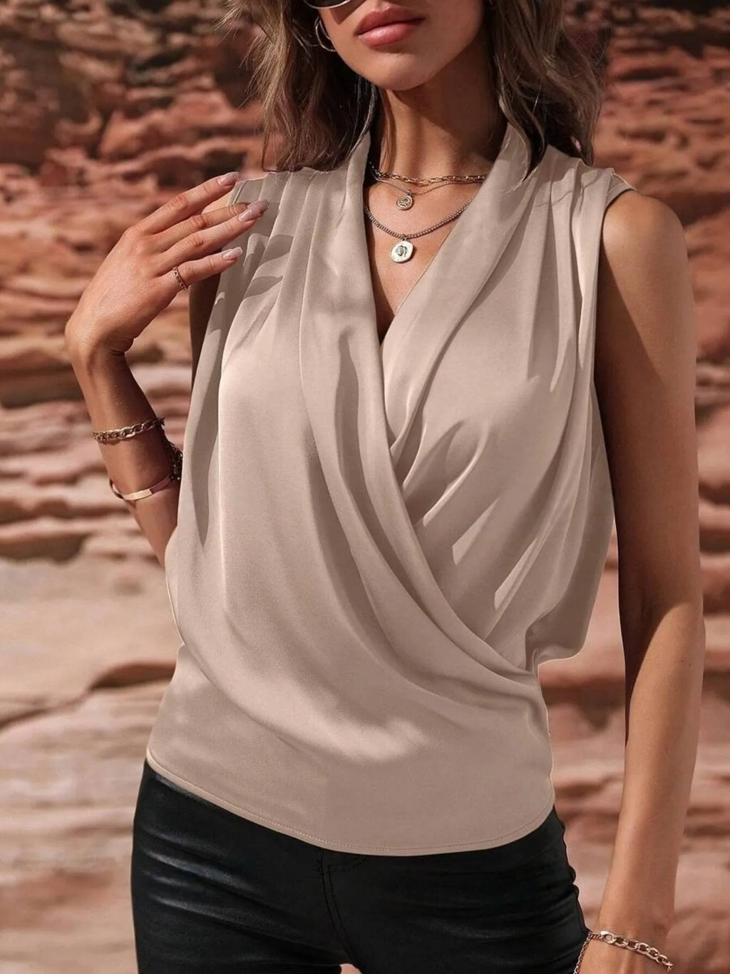 Sleeveless Wrap Draped  Blouse