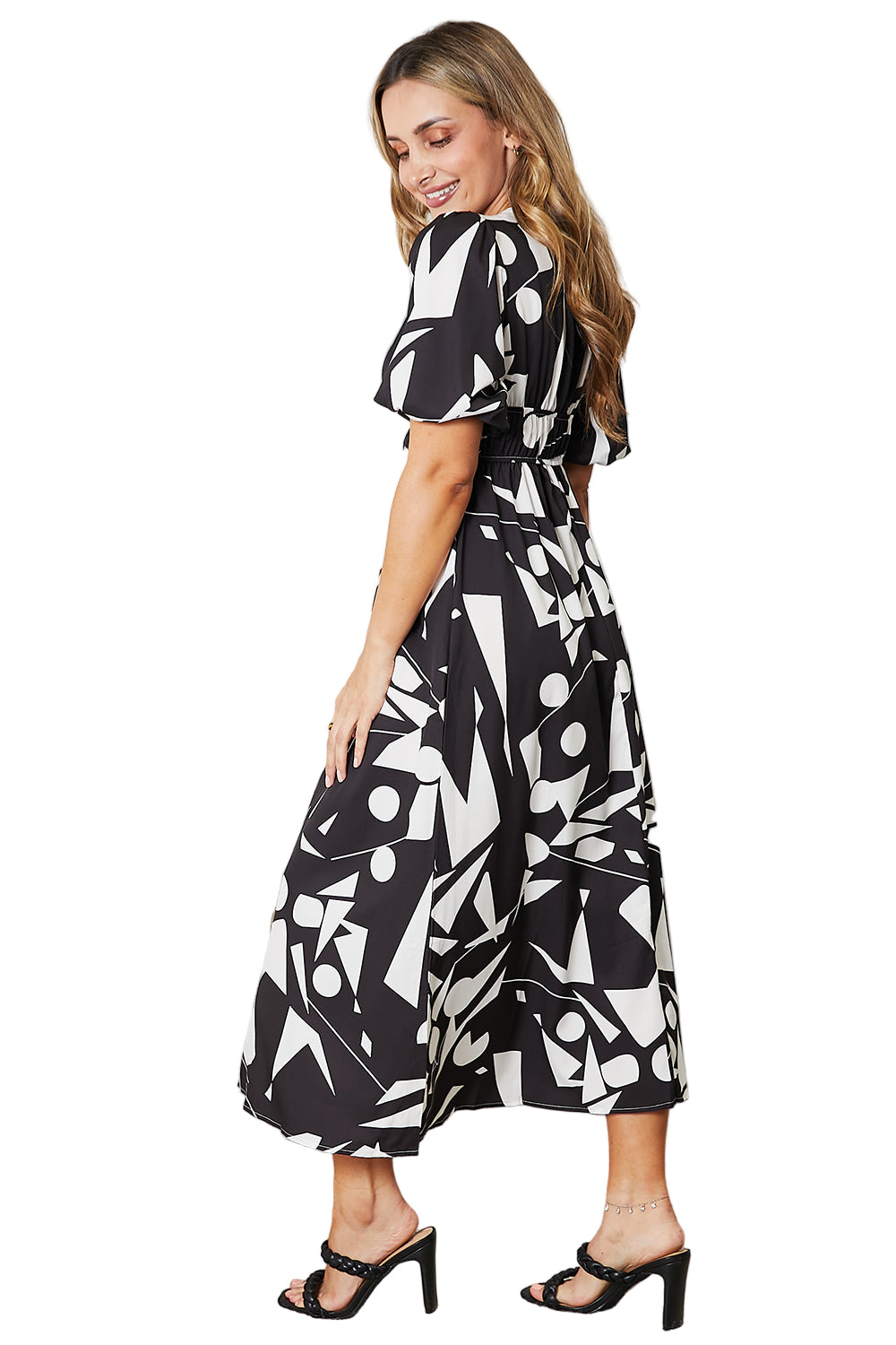 Women's Casual Midi Dress Printed Balloon Sleeve Wrap Dress Rust and White Short-Sleeve Fit