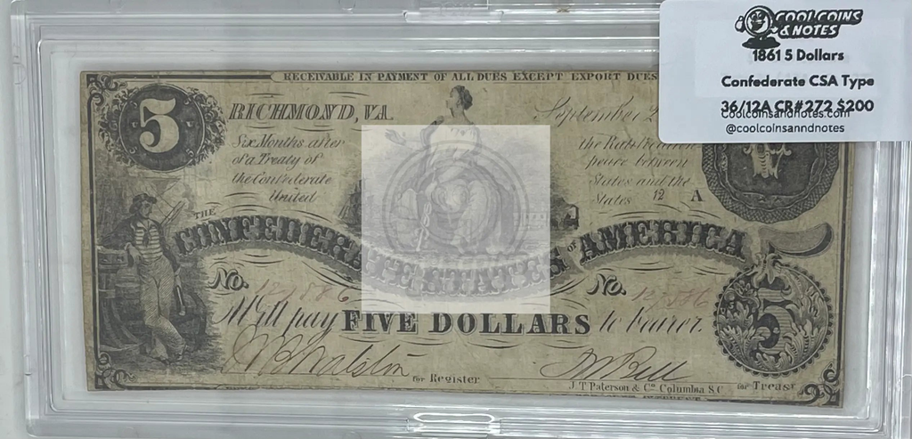 1861 5 Dollars Confederate CSA Type 36/12A CR#272, Used Banknote