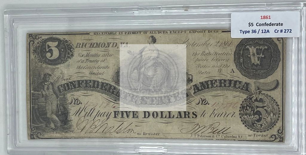 1861 5 Dollars Confederate CSA Type 36/12A CR#272, Used Banknote