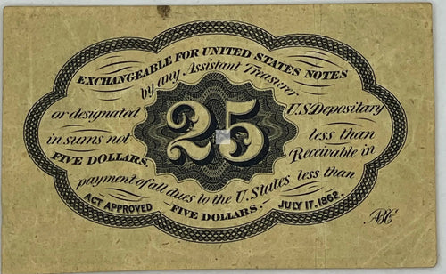 1862 US Fractional 25 Cents 1st Issu Fr. #1281, Banknote