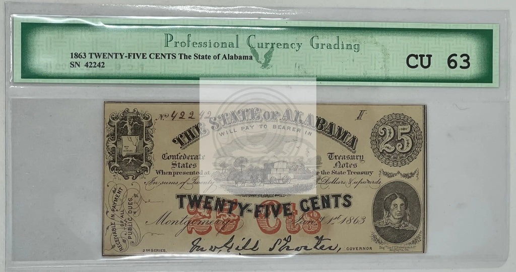 1863 25 Cents State of Alabama SN 42242 CU 63 PCG Banknote