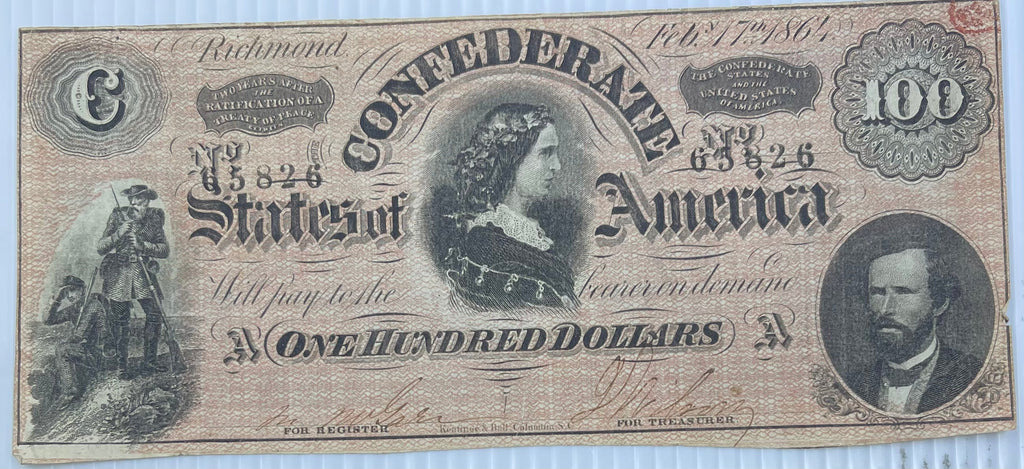 1864 100 Dollar Confederate Type 65 CR # 494 Used World Banknote