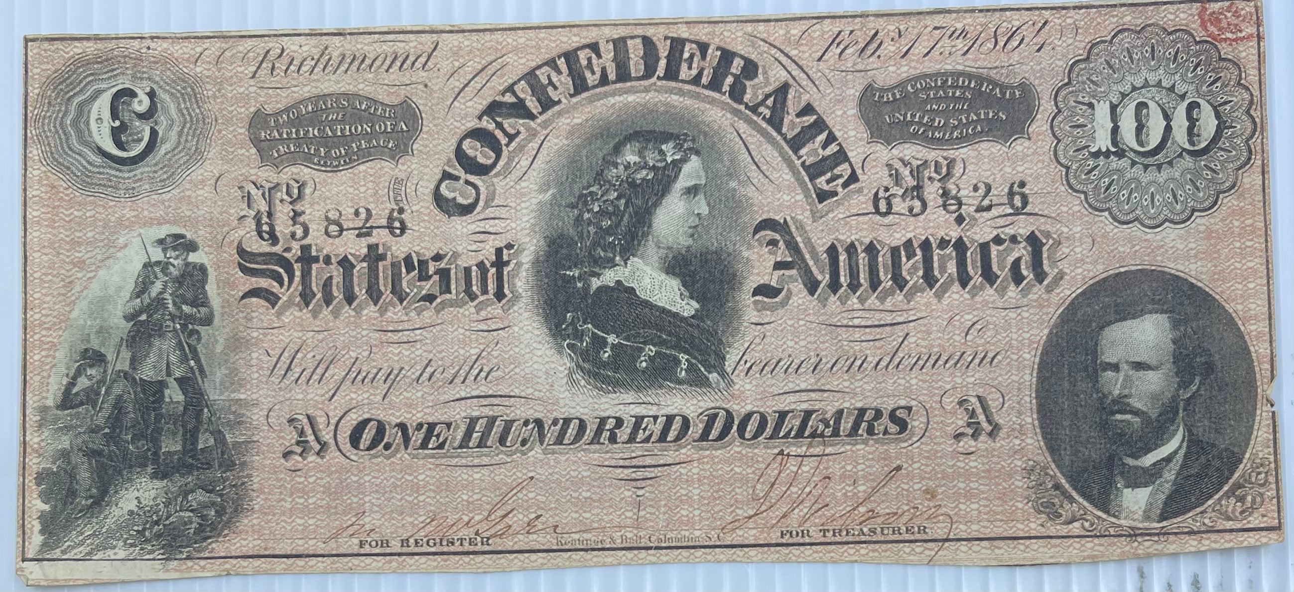 1864 100 Dollar Confederate Type 65 CR # 494 Used World Banknote