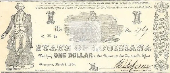 1864- “Washington” $1 State of Louisiana Shreveport Cr. # 16