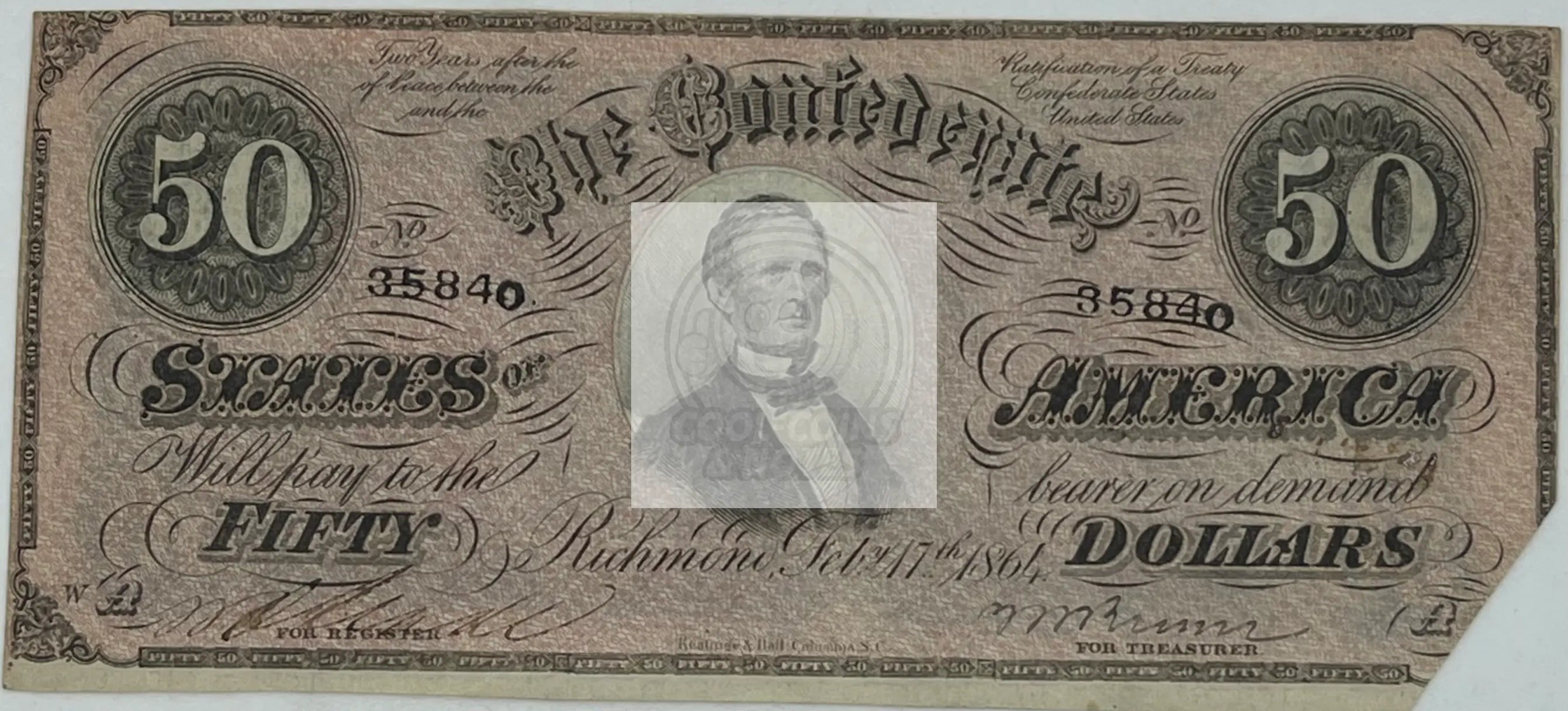 1865 Confederate States of America 50 Dollars P-70 AU, Banknote
