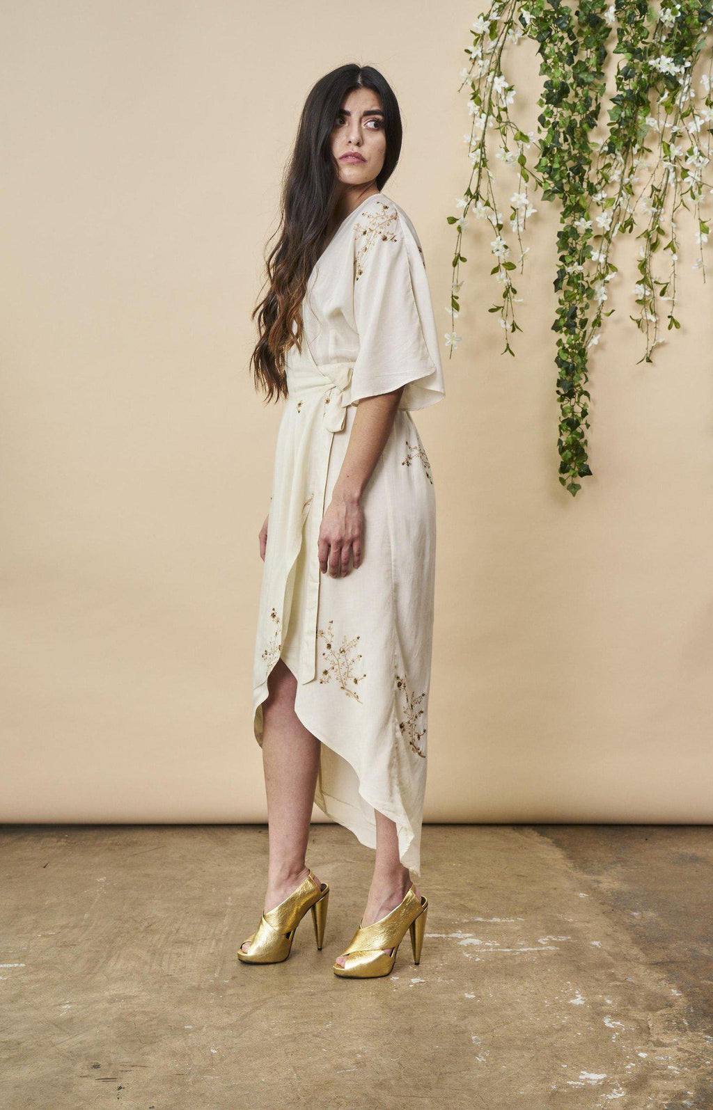Hand Beaded Cherry Blossom Maxi Wrap in Ivory + Antique Gold