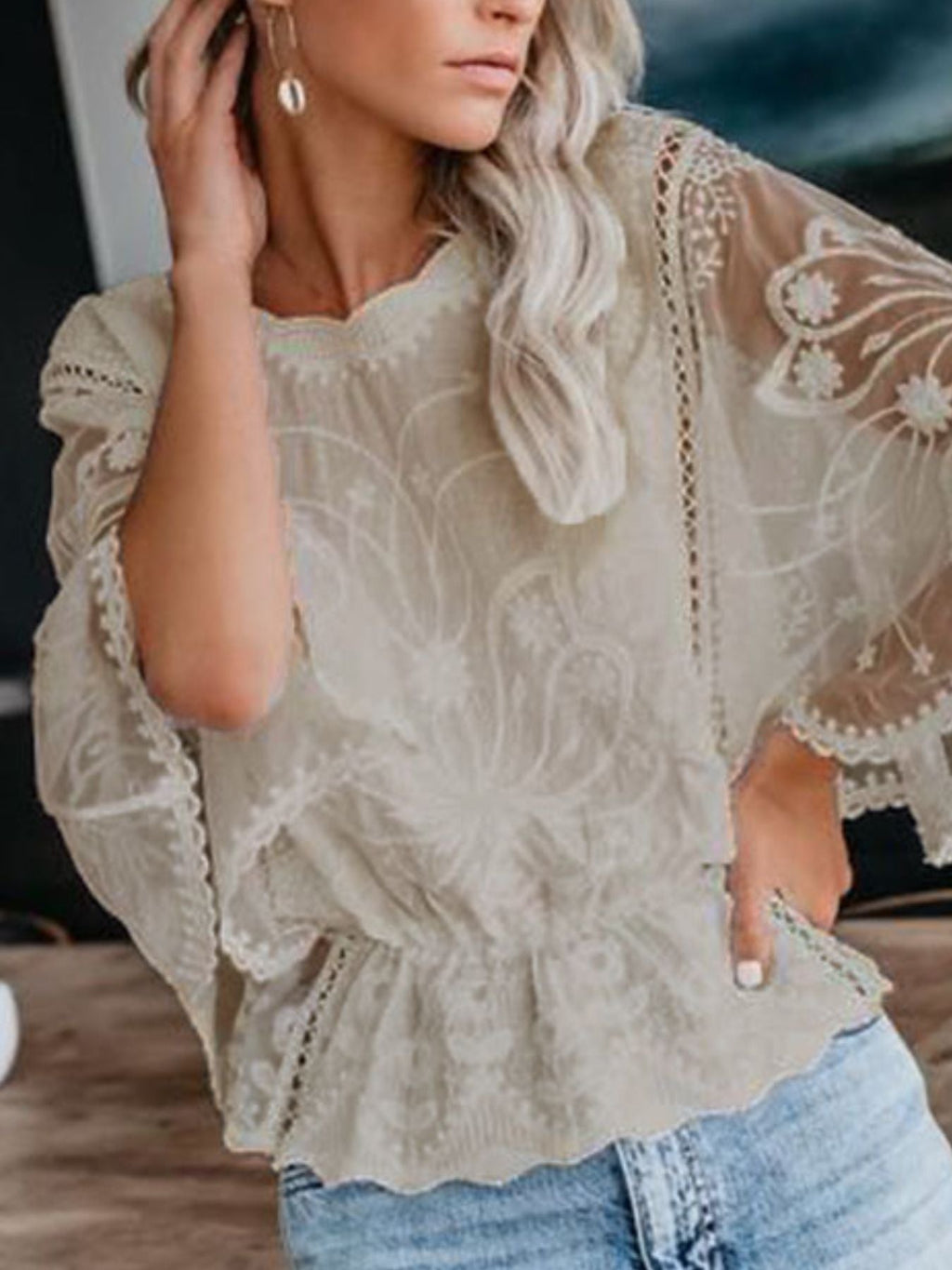 Lace Sheer Sleeve Blouse