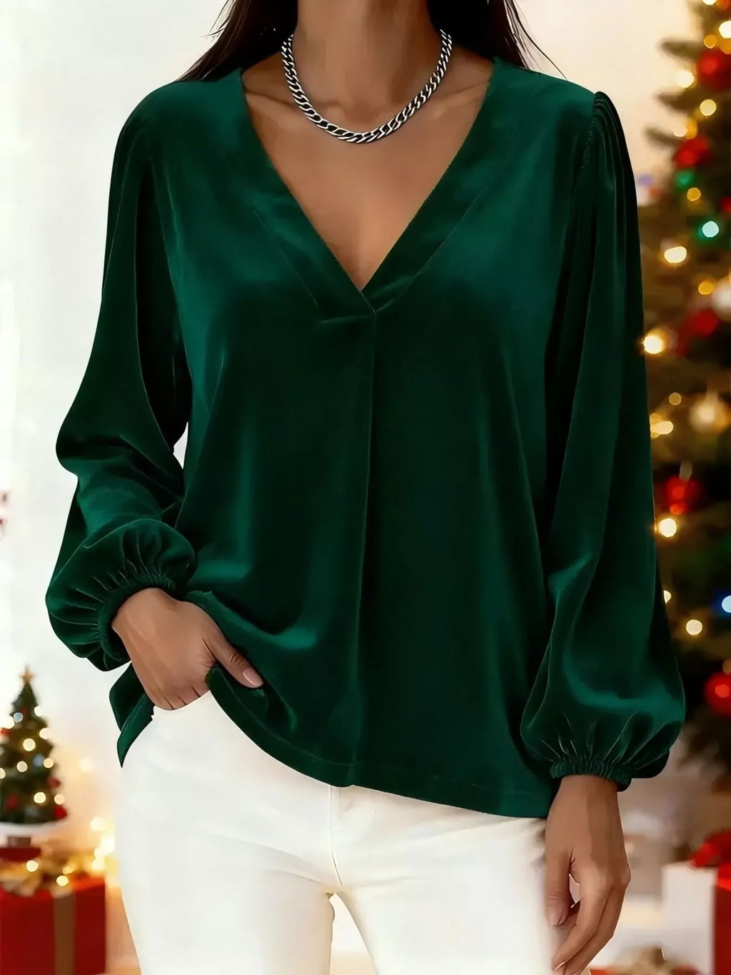 Full Size Velvet V-Neck Long Sleeve Blouse Plus Size