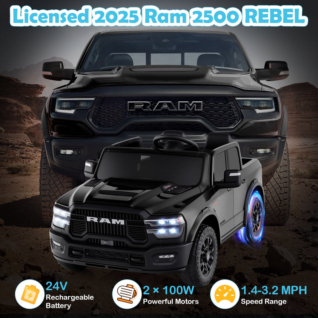 2 Seater 24V Ride on Toy for Big Kids Licensed Ram Truck with Remote and Music