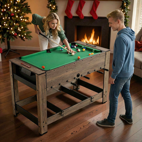 2-in-1 Swivel Foosball and Pool Combo Game Table -Natural