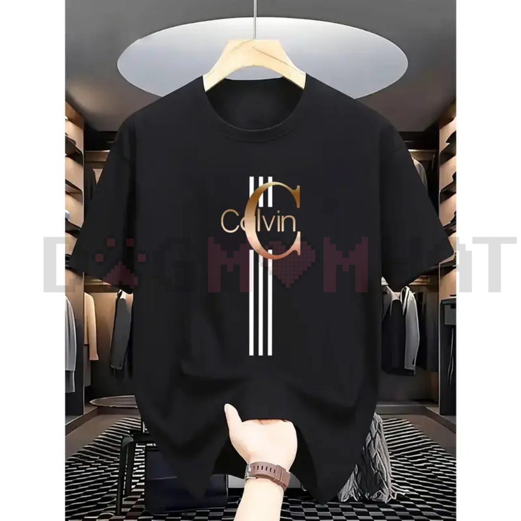 Men's Casual Calvin Print T-Shirt – Black with Gold Stripes Design, Premium Daily Street Style Crew Neck, Breathable Summer Urban Essential