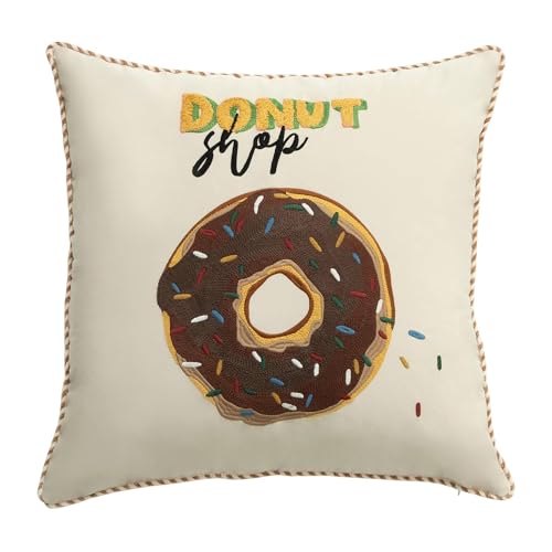 Fennco Styles Cute Embroidered Donut Design Filled Throw Pillow 18" W x 18" L - White Novelty Cushion for Home, Couch, Sofa, Bedroom, Kids Room, Playroom and Office Décor
