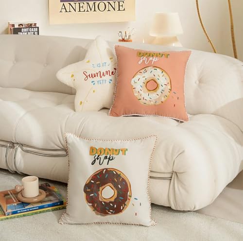 Fennco Styles Cute Embroidered Donut Design Filled Throw Pillow 18" W x 18" L - White Novelty Cushion for Home, Couch, Sofa, Bedroom, Kids Room, Playroom and Office Décor