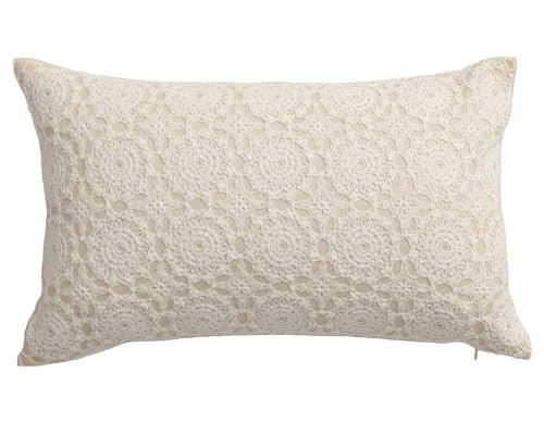 Fennco Styles Embroidered Lace Floral Decorative Filled Lumbar Throw Pillow 12" W X 20" L – White Kaleidoscope Cushion for Couch, Sofa, Bedroom, Office and Living Room Décor