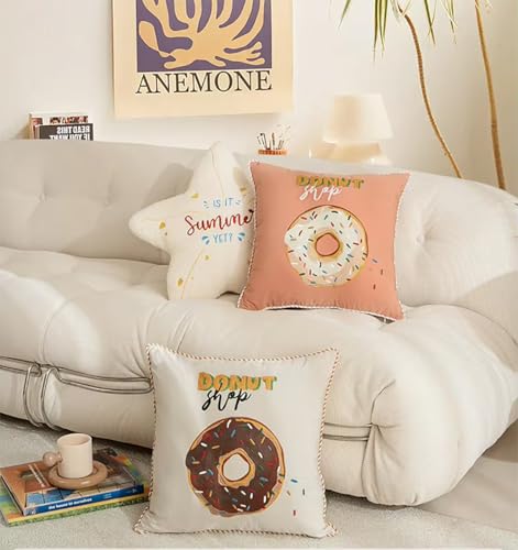Fennco Styles Cute Embroidered Donut Design Filled Throw Pillow 18" W x 18" L - White Novelty Cushion for Home, Couch, Sofa, Bedroom, Kids Room, Playroom and Office Décor