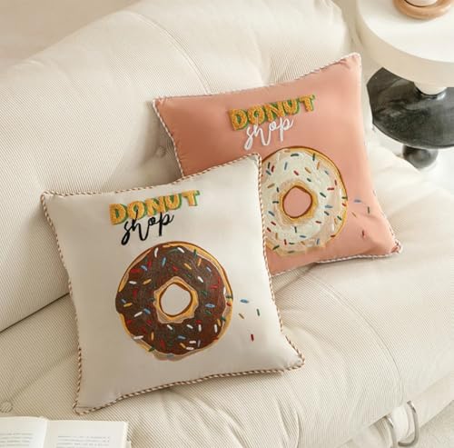 Fennco Styles Cute Embroidered Donut Design Filled Throw Pillow 18" W x 18" L - White Novelty Cushion for Home, Couch, Sofa, Bedroom, Kids Room, Playroom and Office Décor