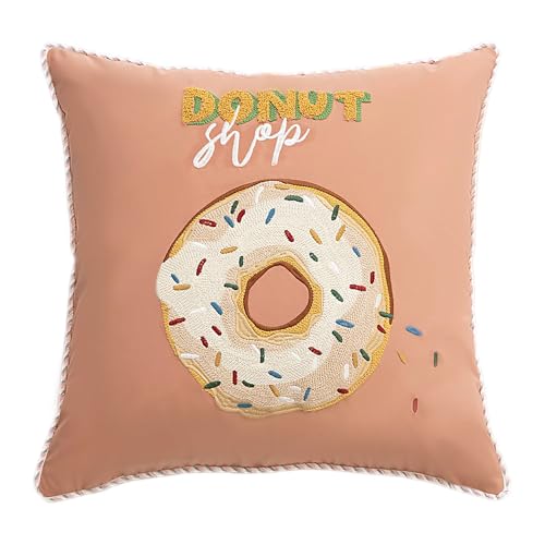 Fennco Styles Cute Embroidered Donut Design Filled Throw Pillow 18" W x 18" L - White Novelty Cushion for Home, Couch, Sofa, Bedroom, Kids Room, Playroom and Office Décor