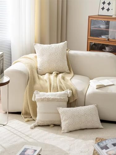 Fennco Styles Embroidered Lace Floral Decorative Filled Lumbar Throw Pillow 12" W X 20" L – White Kaleidoscope Cushion for Couch, Sofa, Bedroom, Office and Living Room Décor