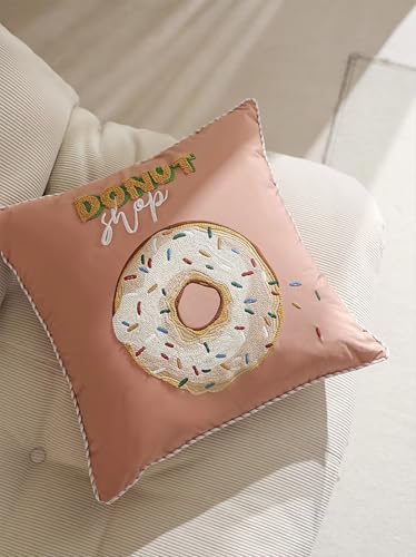 Fennco Styles Cute Embroidered Donut Design Filled Throw Pillow 18" W x 18" L - White Novelty Cushion for Home, Couch, Sofa, Bedroom, Kids Room, Playroom and Office Décor