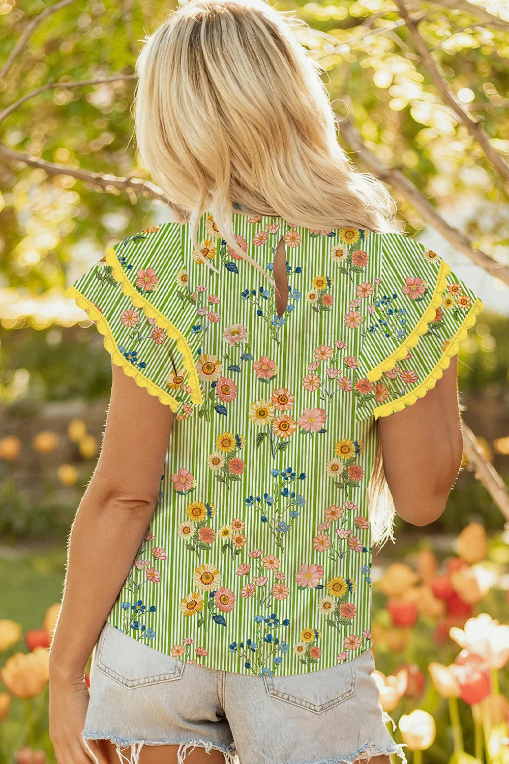 Rochelle - Green Floral Printed Ruffle Short Sleeve Blouse