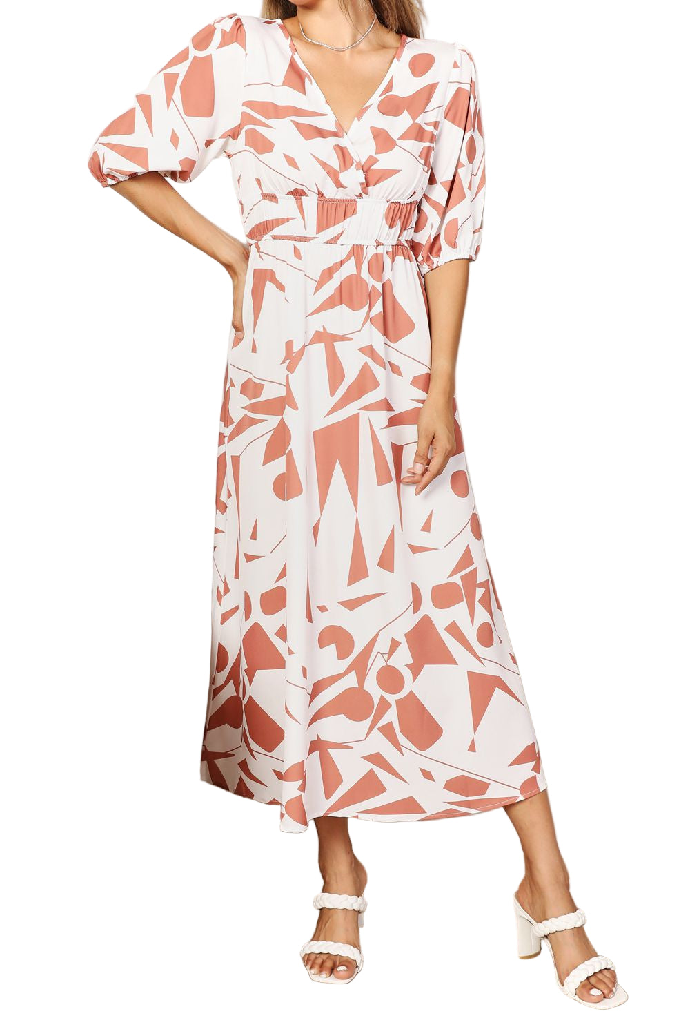 Women's Casual Midi Dress Printed Balloon Sleeve Wrap Dress Rust and White Short-Sleeve Fit