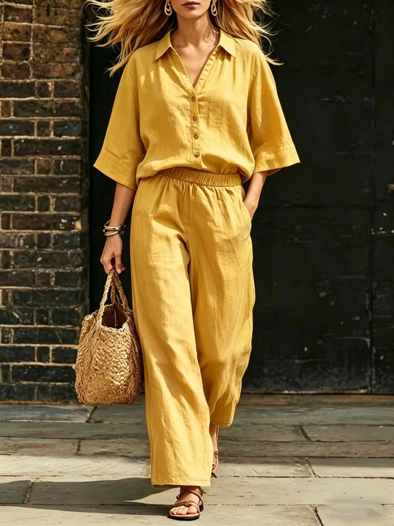 Short-Sleeve Shirt & Loose Pants Set – Casual Two-Piece