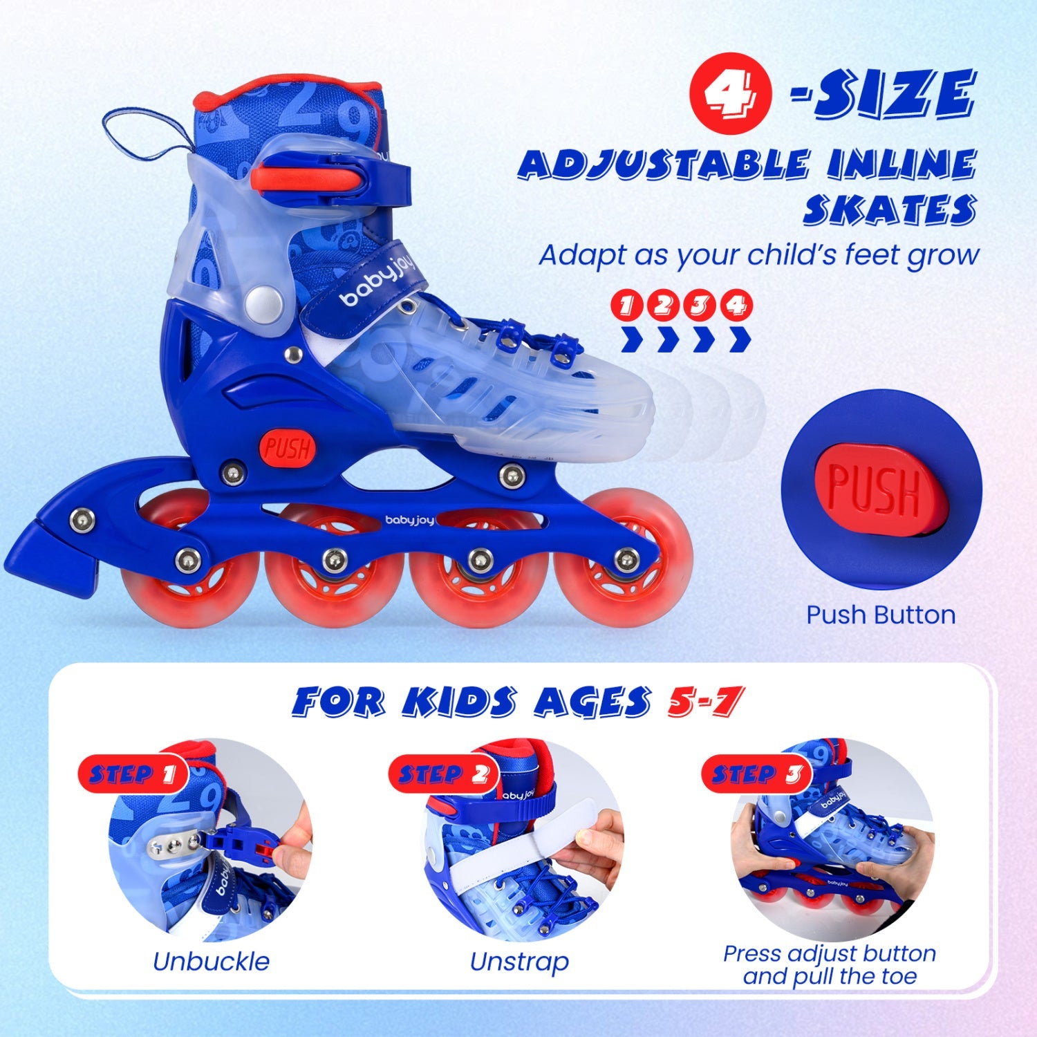 4-Size Adjustable Kids Inline Skates for Beginners Ages 5-7