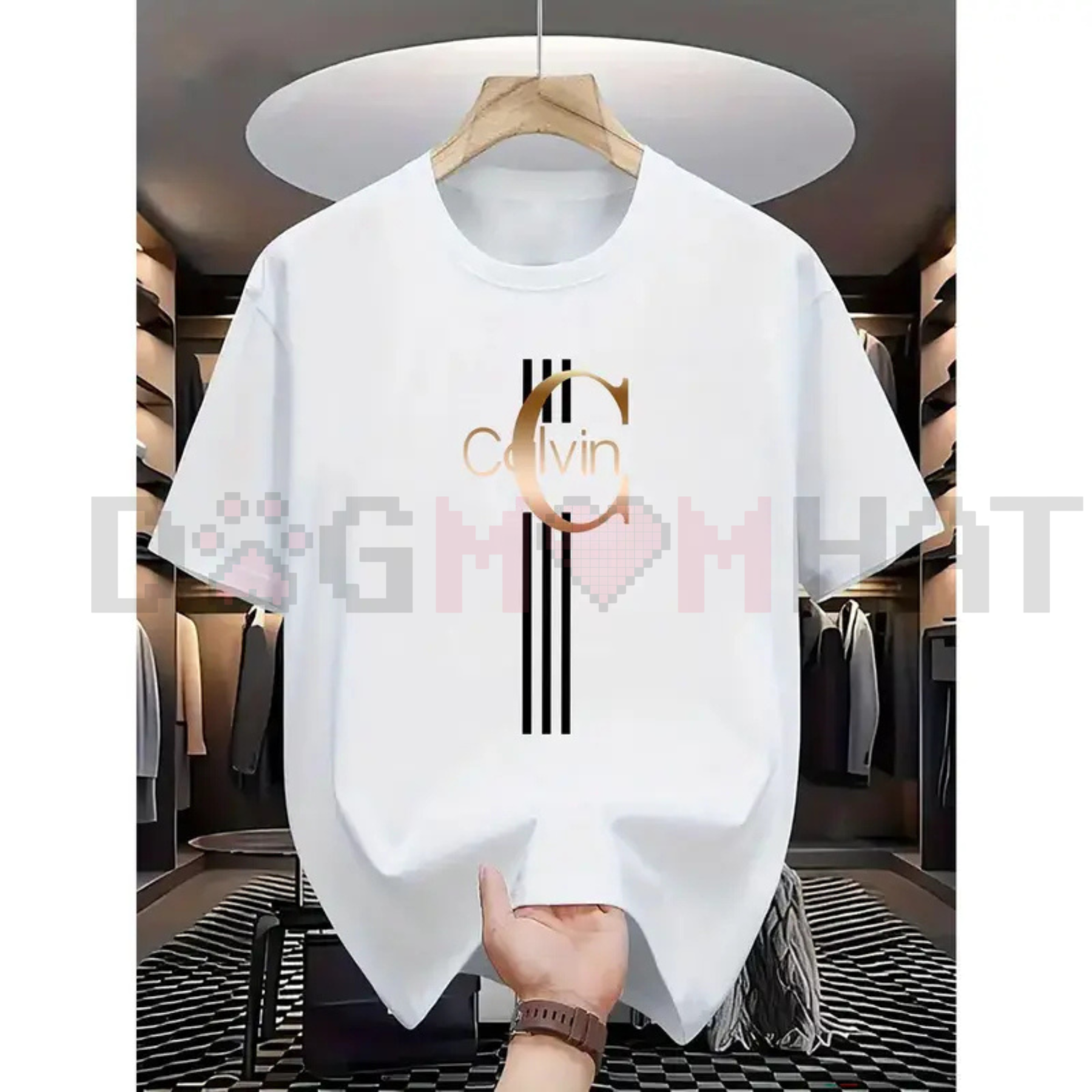 Men's Casual Calvin Print T-Shirt – Black with Gold Stripes Design, Premium Daily Street Style Crew Neck, Breathable Summer Urban Essential
