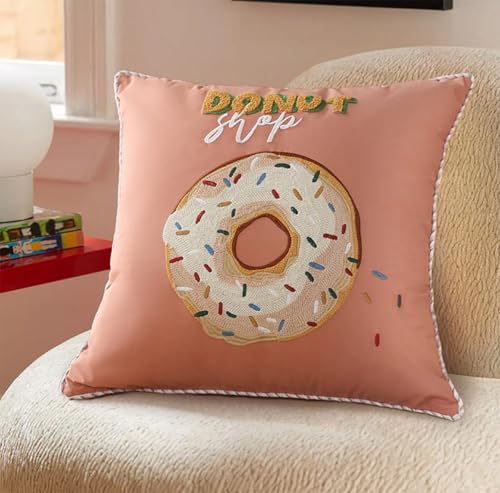 Fennco Styles Cute Embroidered Donut Design Filled Throw Pillow 18" W x 18" L - White Novelty Cushion for Home, Couch, Sofa, Bedroom, Kids Room, Playroom and Office Décor