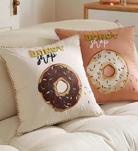 Fennco Styles Cute Embroidered Donut Design Filled Throw Pillow 18" W x 18" L - White Novelty Cushion for Home, Couch, Sofa, Bedroom, Kids Room, Playroom and Office Décor