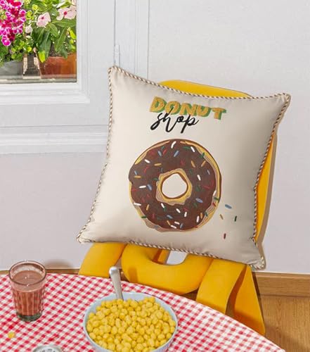 Fennco Styles Cute Embroidered Donut Design Filled Throw Pillow 18" W x 18" L - White Novelty Cushion for Home, Couch, Sofa, Bedroom, Kids Room, Playroom and Office Décor