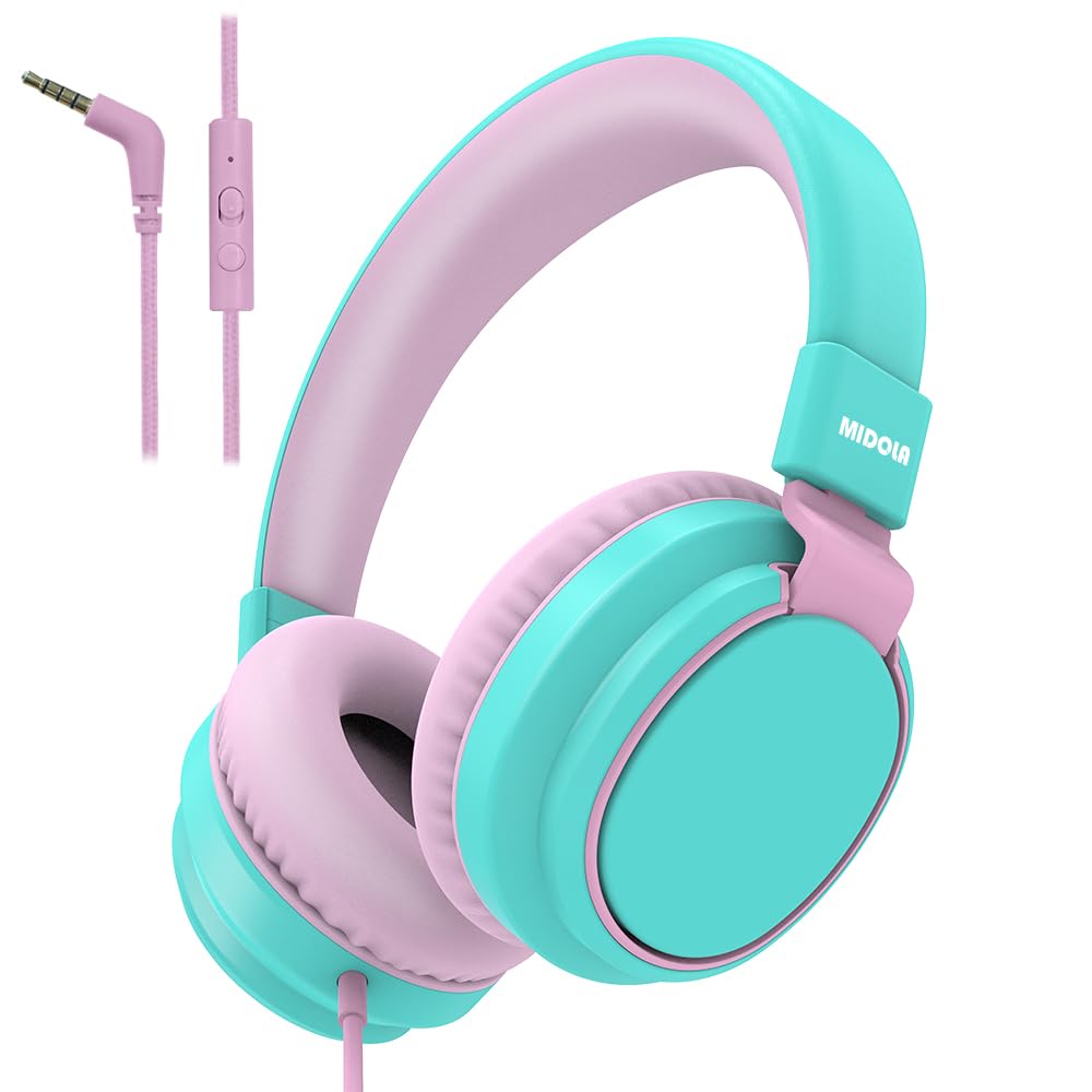 Kids Headphones Volume Limited 85/94dB - Wired Over-Ear Foldable Headset with Microphone Pink