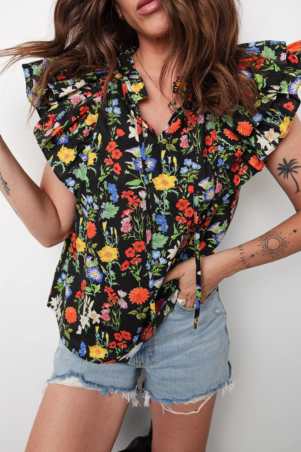 Robbie - Black Tiered Flutter Sleeve V Neck Flower Blouse