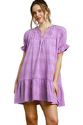 Garden Naked Womens Casual Mini Dress Sweet Ruffle Trim Puff Sleeve Babydoll Flared Lavender Purple Summer Daily Wear