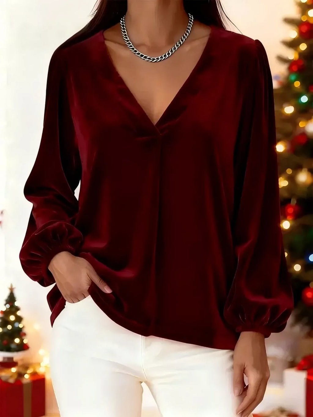 Full Size Velvet V-Neck Long Sleeve Blouse Plus Size