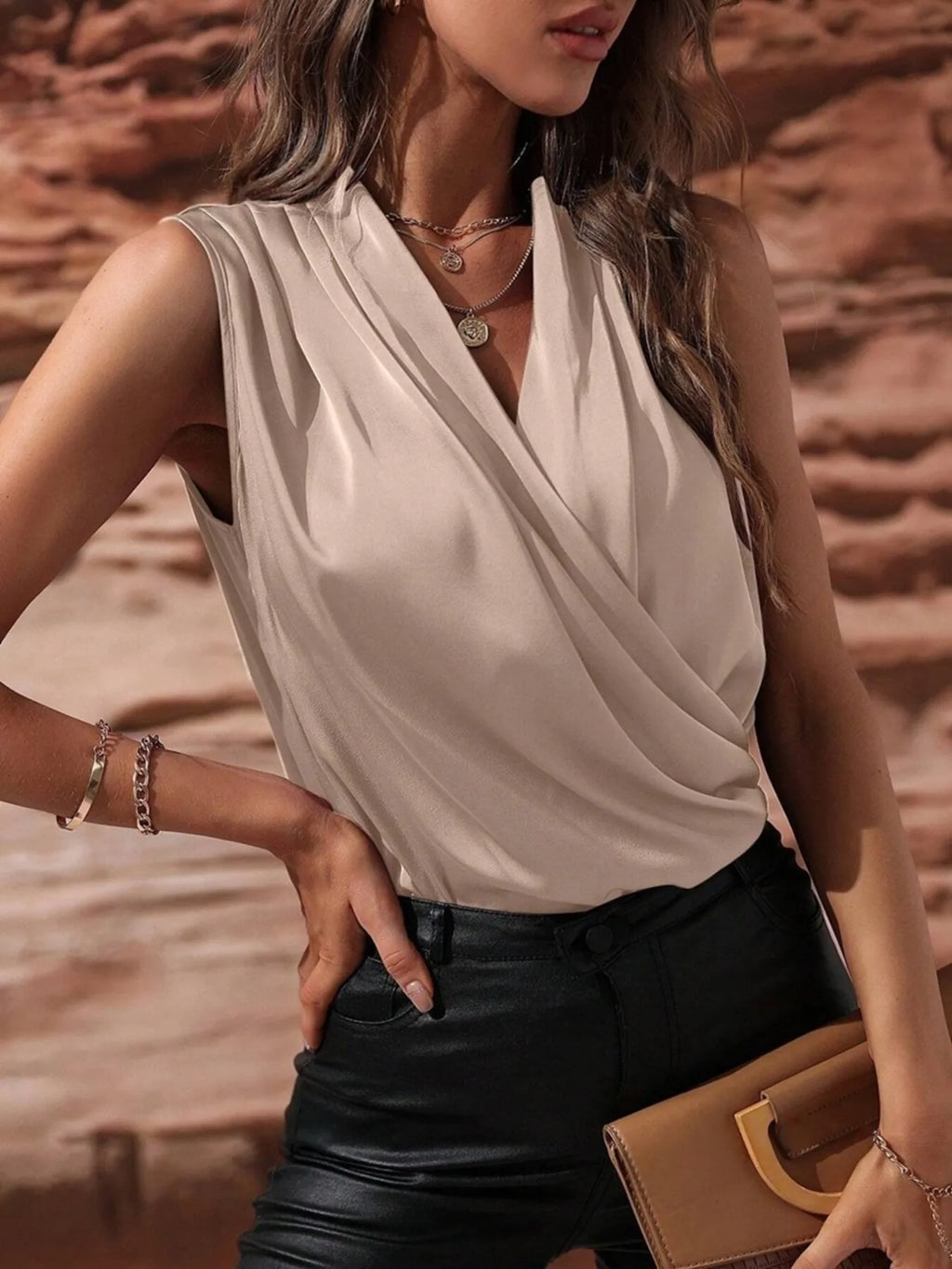 Sleeveless Wrap Draped  Blouse