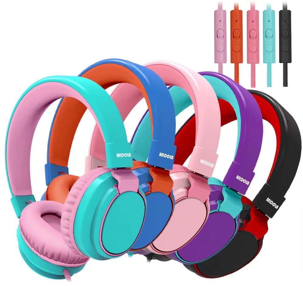 Kids Headphones Volume Limited 85/94dB - Wired Over-Ear Foldable Headset with Microphone Pink
