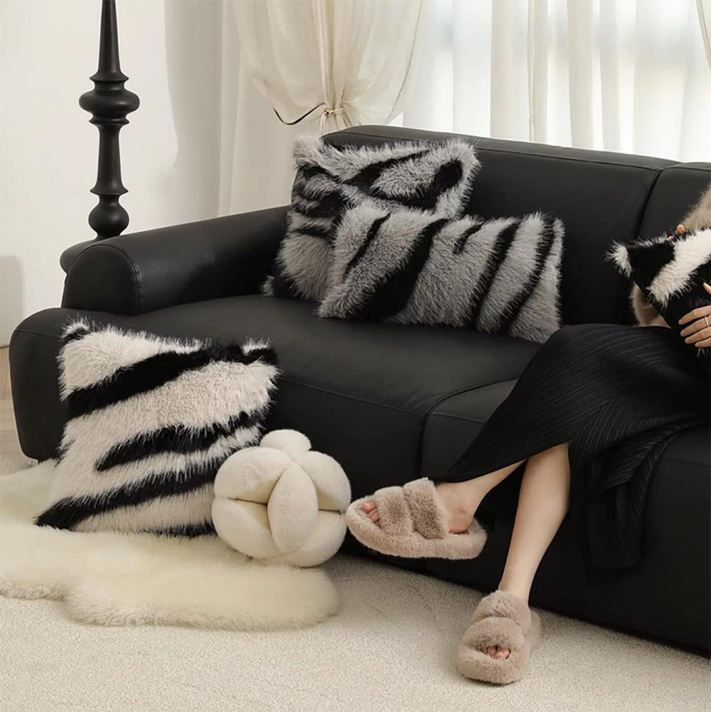 Fennco Styles Zebra Stripe Faux Fur Animal Design Decorative Filled Throw Pillow 18" W x 18" L – Grey Plush Cushion for Couch, Bedroom, Living Room and Office Décor