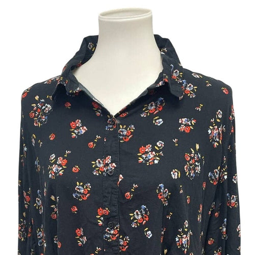 ANA Woman 1X Long Sleeve Button Up Flowy Collared Floral Cotton Blend Blouse
