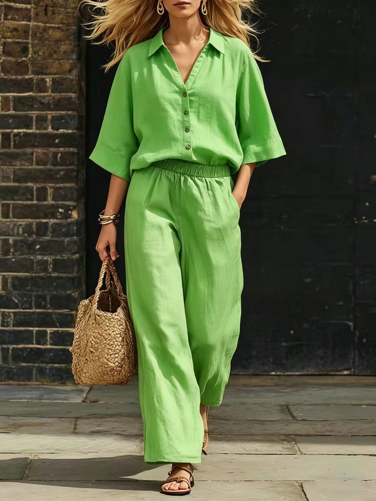 Short-Sleeve Shirt & Loose Pants Set – Casual Two-Piece