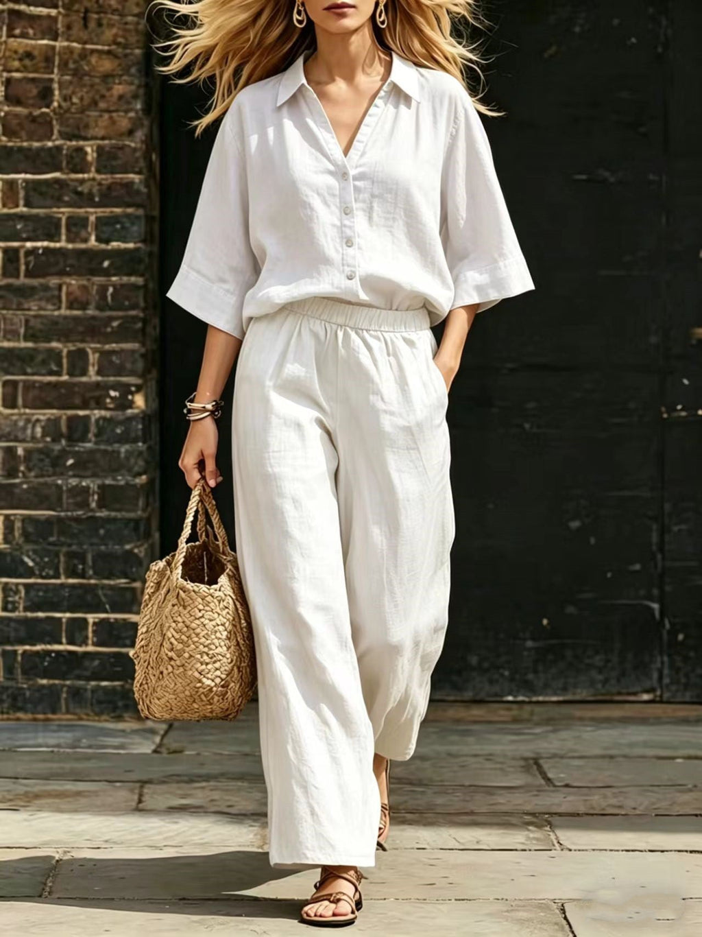 Short-Sleeve Shirt & Loose Pants Set – Casual Two-Piece