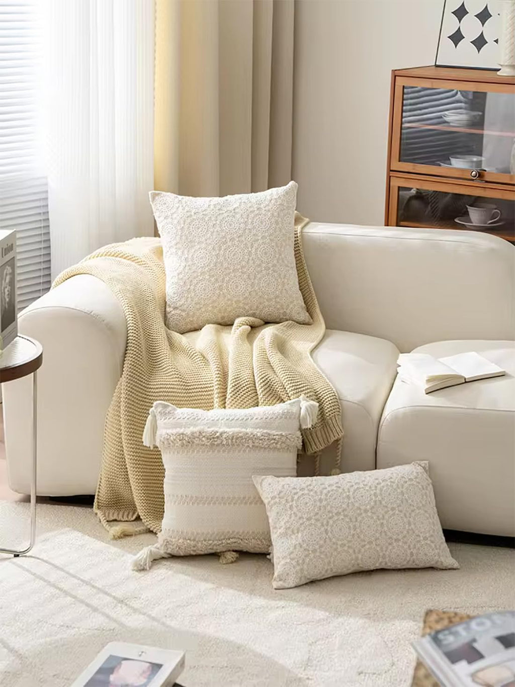 Fennco Styles Embroidered Lace Floral Decorative Filled Lumbar Throw Pillow 12" W X 20" L – White Kaleidoscope Cushion for Couch, Sofa, Bedroom, Office and Living Room Décor