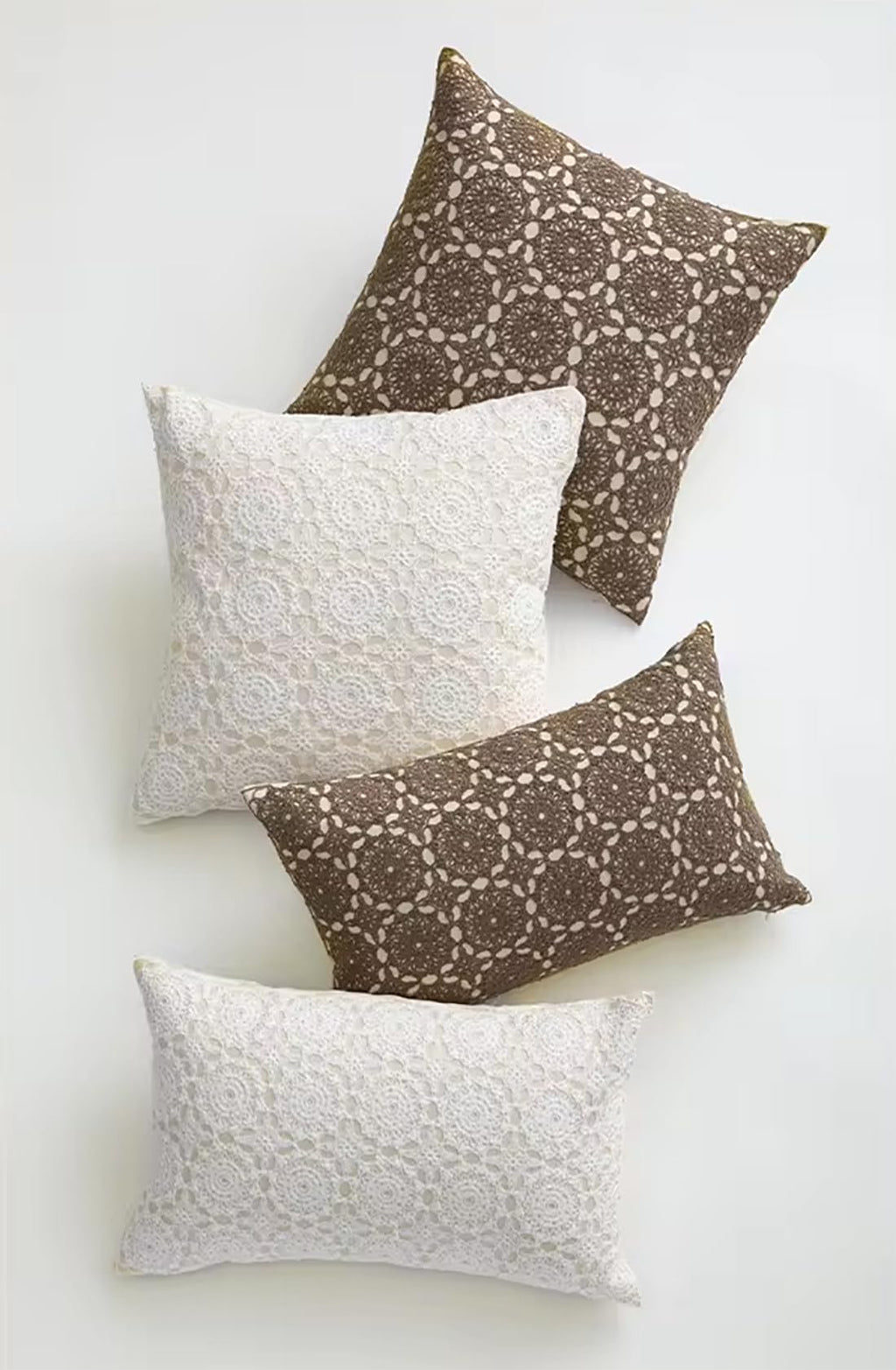 Fennco Styles Embroidered Lace Floral Decorative Filled Lumbar Throw Pillow 12" W X 20" L – White Kaleidoscope Cushion for Couch, Sofa, Bedroom, Office and Living Room Décor
