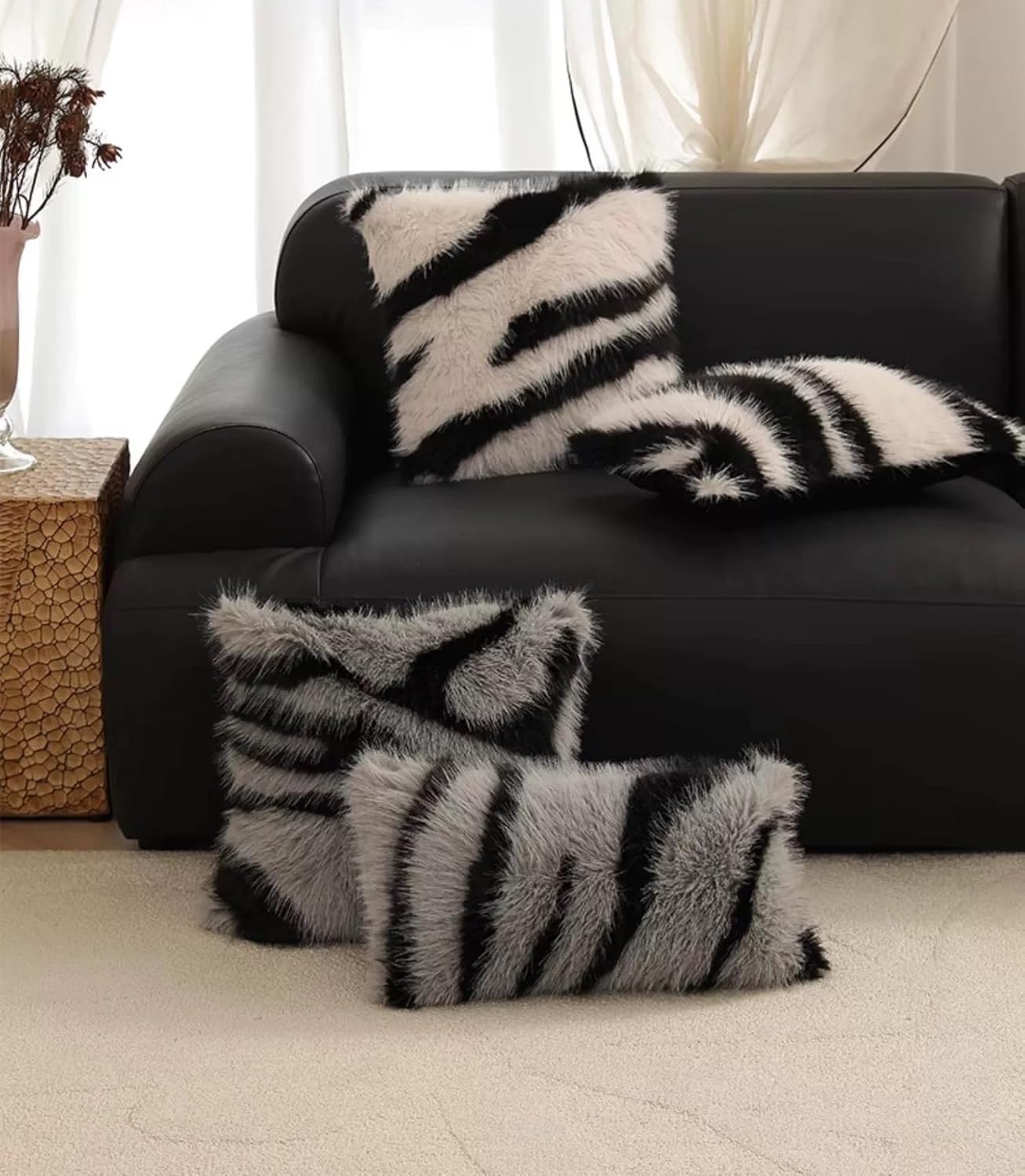 Fennco Styles Zebra Stripe Faux Fur Animal Design Decorative Filled Throw Pillow 18" W x 18" L – Grey Plush Cushion for Couch, Bedroom, Living Room and Office Décor