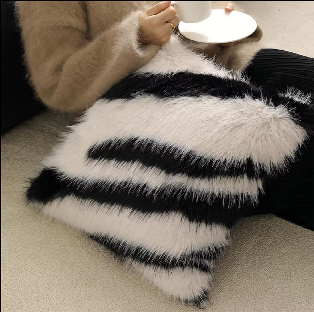 Fennco Styles Zebra Stripe Faux Fur Animal Design Decorative Filled Throw Pillow 18" W x 18" L – Grey Plush Cushion for Couch, Bedroom, Living Room and Office Décor