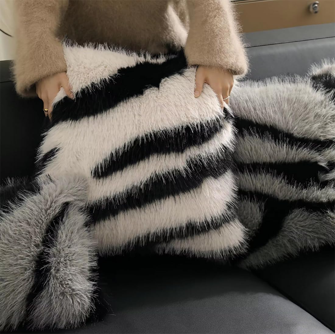 Fennco Styles Zebra Stripe Faux Fur Animal Design Decorative Filled Throw Pillow 18" W x 18" L – Grey Plush Cushion for Couch, Bedroom, Living Room and Office Décor