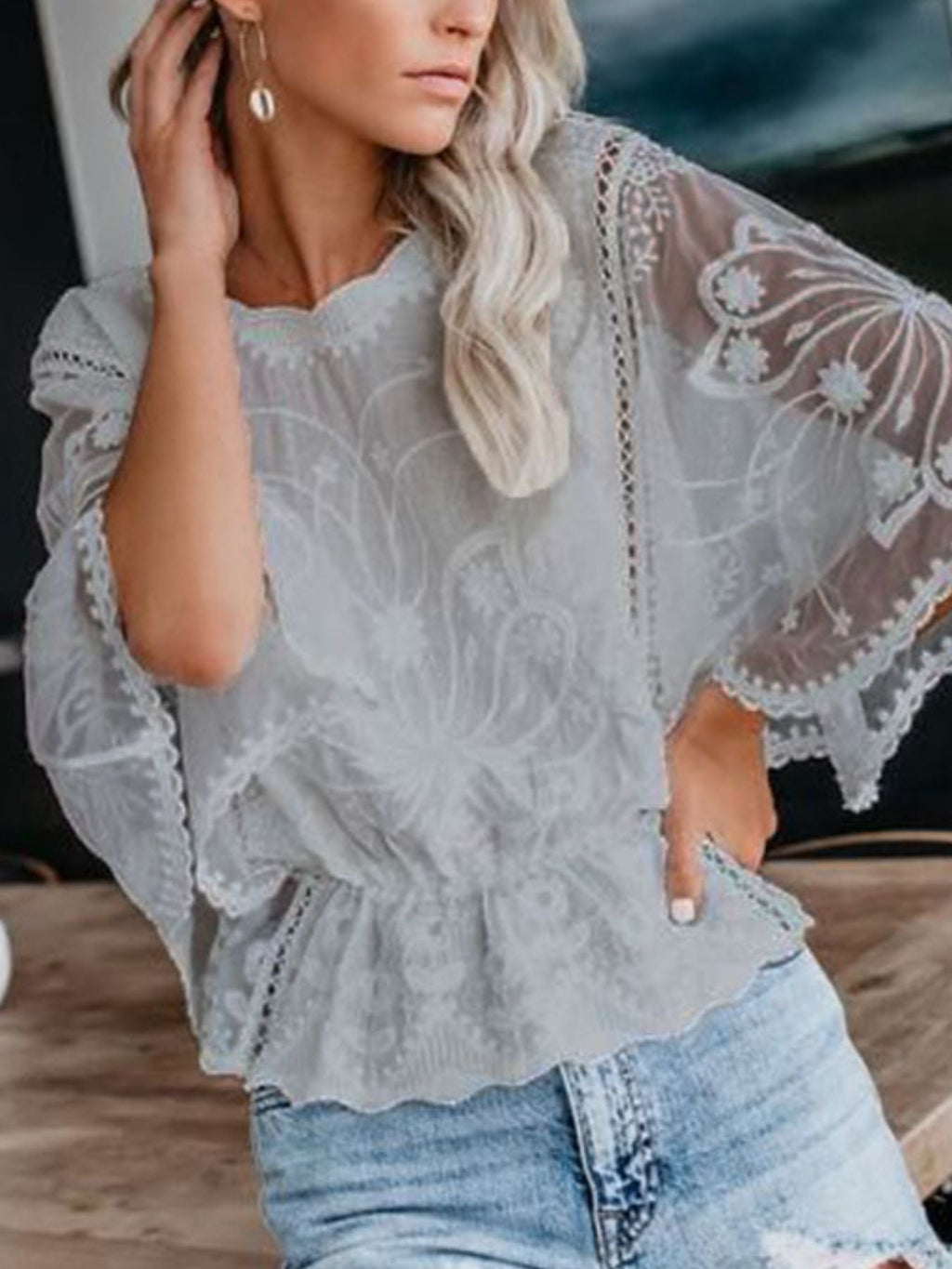 Lace Sheer Sleeve Blouse