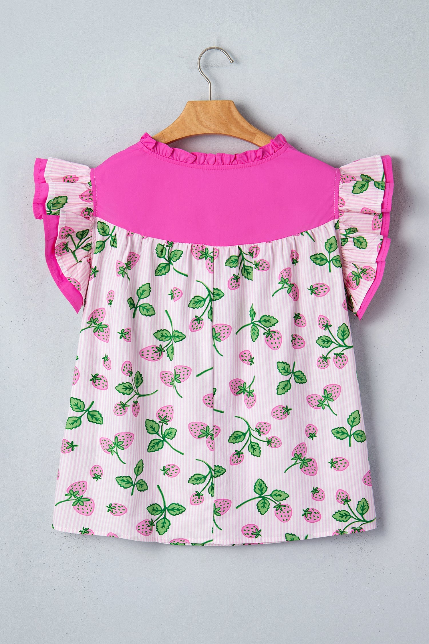 Pink Striped Strawberry Printed Color Block Patchwork V Neck Flutter Sleeve Blouse